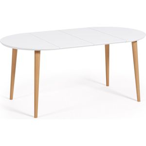 Kave Home - Oqui ronde uitschuifbare tafel van wit gelakt MDF en massief beukenhouten poten, 90 (170)