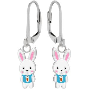 Oorbellen meisje | Zilveren kinderoorbellen | Zilveren oorhangers, wit konijn met blauw shirtje met wortel