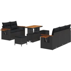 vidaXL - 8-delige - ligbed - set - met - kussens - zwart - poly - rattan - acacia