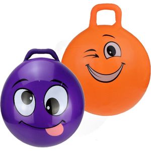 2x stuks skippyballen smiley voor kinderen paars en oranje 45 cm - Zomer buiten speelgoed