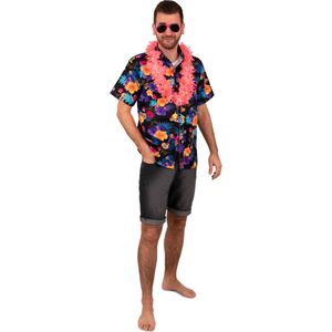 PartyXplosion - Hawaii & Carribean & Tropisch Kostuum - Hawaii By Night Overhemd Zwart Man - Zwart, Multicolor - Medium - Carnavalskleding - Verkleedkleding