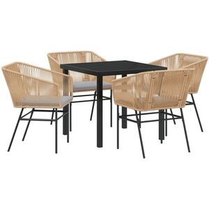 vidaXL - 5-delig - tuin - eetset - met - kussens - bruin - poly - rattan