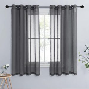 Slaapkamergordijnen linnenlook, gordijn, grijs, transparant, raamgordijnen voor woonkamer, overgordijnen met ringen, set van 2, H 160 x B 140 cm, donkergrijs