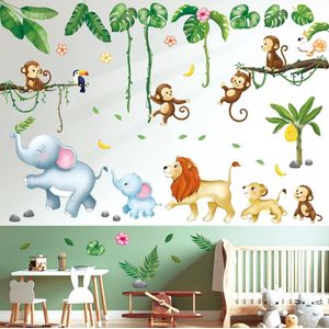 Marching Jungle Animals Wandstickers - Aap, Olifant & Leeuw - Decoratie voor Kinderen - 12 Stuks - Multicolor