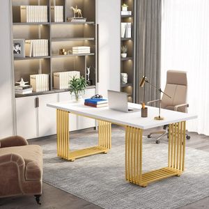 Asaam Modern Bureau- Houten Computerbureau- Wit Directiebureau- Gouden Metalen Poten- Modern Bureau 180 cm (L) x 60 cm (B) x 75 cm (H)