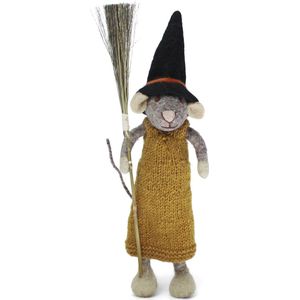 Grijze Muis met Heksenhoed en Bezem - 27 cm staand model - Vilten Halloween Decoratie - Fair Trade - Én Gry & Sif
