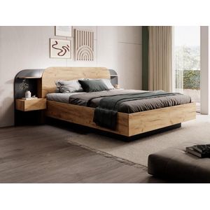 Vente-unique Bed met opbergruimte met nachtkastjes 160 x 200 cm - Met ledverlichting - Kleur: naturel en zwart + matras - JUVISIA L 249 cm x H 95 cm x D 223 cm