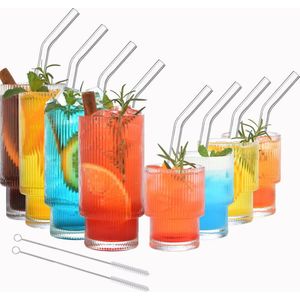 Geribbelde glazen met rietjes - Set van 8 vintage ijskoffiekopjes en bekers