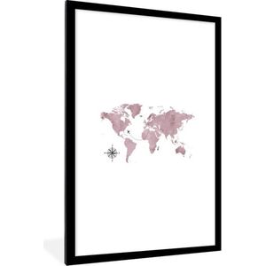 Fotolijst incl. Poster - Wereldkaart - Roze - Vliegtuig - 80x120 cm - Posterlijst