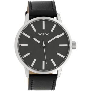 OOZOO Timepieces - Zilverkleurige horloge met zwarte leren band - C10034