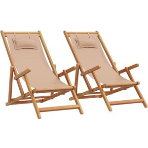 The Living Store Strandstroelen 2 st inklapbaar stof en massief hout taupe - Strandstoel - Lounge Chair - Teak Fauteuil - Hout Meubel - Tuinset