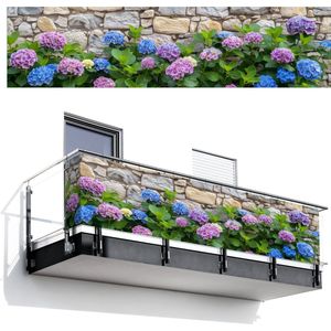 Balkonscherm 500x130 cm - Balkonposter Hortensia - Bloemen - Bladeren - Stenen - Balkon scherm decoratie - Balkonschermen - Balkondoek zonnescherm