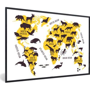 Fotolijst incl. Poster - Wereldkaart - Geel - Dieren - 60x40 cm - Posterlijst