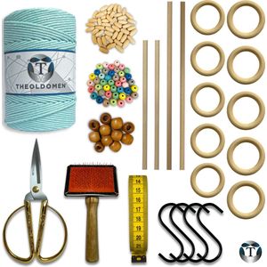 Deluxe Macramé Pakket | Ocean Blue | 200 METER | Triple Twist | 3mm | Starter Set | Schaar | S-haken | Kam | Meetlint | Ringen | Kralen | Stokken | Macramé Touw | 100% Katoen | DIY | Macramé | Wandkleed | Plantenhanger | TheOldOmen