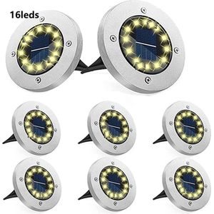 CNL Sight 16 Leds Solar Grondspots (8stuks) - Warm wit-RVS Grond Spots op Zonne-energie met 16 LED Spotjes - 10 Uur Buiten Verlichting in Tuin - IP65 Waterdicht - Tuinverlichting Lamp - Buitenverlichting Tuinlamp