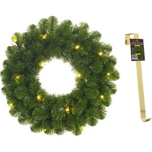 Groene verlichte kerstkransen/deurkransen met 30 LEDS 60 cm en met gouden hanger - Kerstversiering/kerstdecoratie kransen