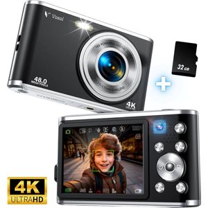 Vosoi Digitale Camera - Fotocamera - Fototoestel - Vlog Camera - Compact Camera - 48MP & 4K Ultra HD - Voor Kinderen - Selfie Camera - 2,8 inch LCD Scherm - Inc. 32GB