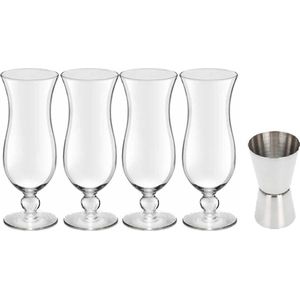 4x Cocktailglazen / blue hawaii glazen transparant 440 ml - Met RVS maatbeker / barmaatje 2-in-1 15/30 ml