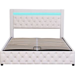 Merax Tweepersoonsbed 160x200 met Opbergruimte en LED-Verlichting – Bed met Verstelbaar Hoofdbord en Lattenbodem – Wit Kunstleer