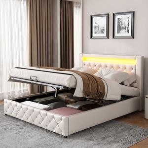 Merax Tweepersoonsbed 160x200 met Opbergruimte en LED-Verlichting – Bed met Verstelbaar Hoofdbord en Lattenbodem – Wit Kunstleer