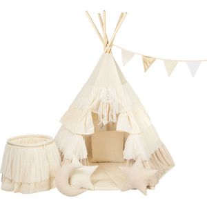 XXL SET Tipi tent met ruches - Happy Frills Tipi + speelmat + 4 kussens + speelmand + vlaggenlijn + dromenvanger + opberghoes