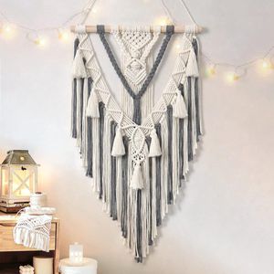 Boho macramé wandtapijt, geometrisch geweven wandtapijt, beige en grijs, katoen, handgemaakt Boheems tapijt met kwastjes, wanddecoratie voor slaapkamer, woonkamer, kinderkamer