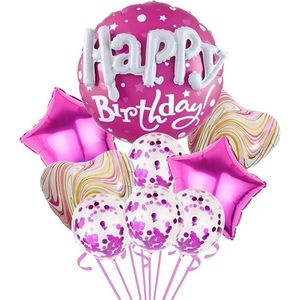 Ballonnen set Roze - Happy Birthday- 12 stuks- Verjaardag - Versiering - Themafeest - Kinderfeestje - Sweet 16 - Pink - Helium - Folieballon - Slinger - Meisje - Girl - Decoratie - Fuchsia - Multi Colors - Goud - Unicron -