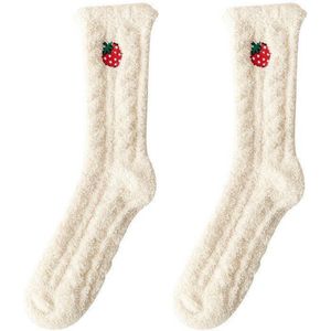 Warme Huissokken Dames - Aardbei Wit - Grappige Cadeaus - One Size Leuke Fruit Sokken - Funny Happy Socks Verjaardag, Sinterklaas, Kerst - Geschenk Vrouwen, Moeder, Mama, Vriendin, Zus, Oma