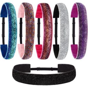 Belle Vous 6 Pak Elastieken Glitter Hoofdbanden – Non Slip Rek Haarbanden voor Heren en Dames ��– Blauw, Zilver, Regenboog, Roze, Paars en Zwarte Accessoires – Voor Sport, Oefeningen & Gymnastiek