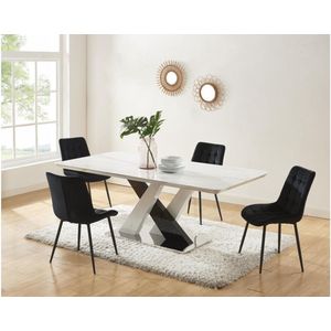 Eettafel voor 8 personen van mdf en roestvrij staal - Wit en zwart marmereffect - EVAELA L 200 cm x H 76 cm x D 100 cm