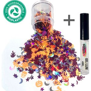 Halloween Chunky Festival Glitters (Paars/Oranje) + Glitter Huid Lijm [Volume 8g - Festival Jewels Glitter Outfit Lichaam en Gezicht - Make-up nep wond tattoo spin bloed decoratie masker kostum mastix - Kinderen Volwassenen Dames Heren Schmink]