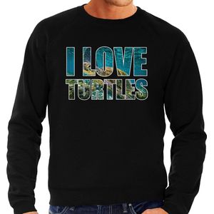 Tekst sweater I love turtles met dieren foto van een schildpad zwart voor heren - cadeau trui zeeschildpadden liefhebber XXL