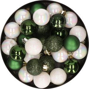 28x stuks kunststof kerstballen parelmoer wit en donkergroen mix 3 cm - Kerstboomversiering