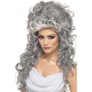 Smiffys carnaval verkleed heksen pruik voor dames grijs krullend lang haar