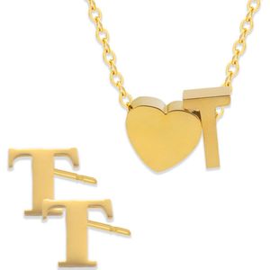 Initiaal Ketting & Oorbellen set met Letter T Goudkleurig - Stainless Steel - Met letter & Hartje! - 2x Sieraden Cadeau - Pax Amare