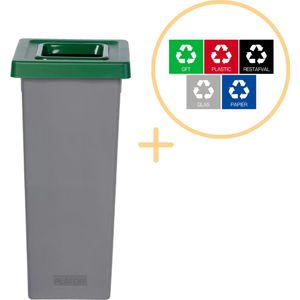 Plafor Fit Bin, Prullenbak voor afvalscheiding - 53L – Grijs/Groen - Inclusief 5-delige Stickerset - Afvalbak voor gemakkelijk Afval Scheiden en Recycling - Afvalemmer - Vuilnisbak voor Huishouden, Keuken en Kantoor - Afvalbakken - Recyclen