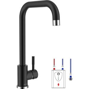 Lagedruk keukenkraan zwart, spoelbakkranen RVS keukenkraan met drie slangen, 360° draaibare mengkraan lagedruk keukenkraan voor boiler, gratis stabilisator