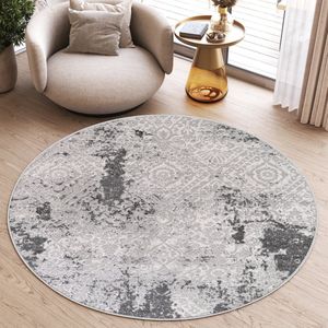 Tapiso Sky Rond Vloerkleed Hoogpolig Grijs Vintage Woonkamer Tapijt Maat- 80x80