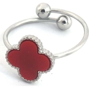 Ring met Klaver - RVS - One Size - Zilverkleurig en Rood