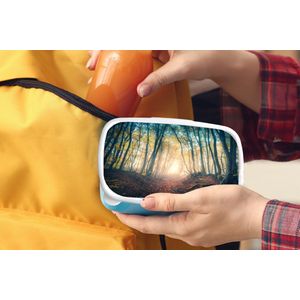 Broodtrommel Blauw - Lunchbox - Brooddoos - Bos - Mist - Zon - Herfst - 18x12x6 cm - Kinderen - Jongen
