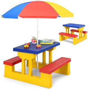 Kinderzitset met parasol, tuinmeubelen voor kinderen, kinderzitset, kindermeubelset tuin, kinderbank buiten (blauw + rood + geel)