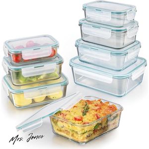 Mrs. Jones Glazen Bewaardozen Set Van 8 Potten Met Deksel - Vaatwasmachine Magnetron Vriezerbestendig - Siliconen Afdichting - 4-Weg Kliksluiting .