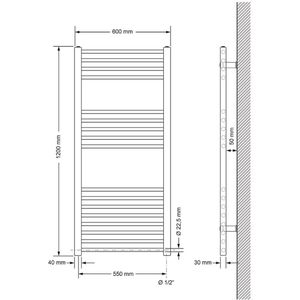 Elektrische badkamerradiator met verwarmingselement 900W 600x1200 mm recht met zijaansluiting