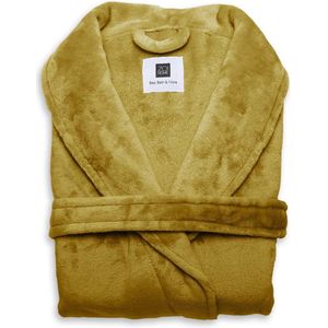 Luxe unisex fleece badjas goud - S - heerlijk zacht en comfortabel - lang model - met steekzakken, kraag en riem - hoogwaardige kwaliteit