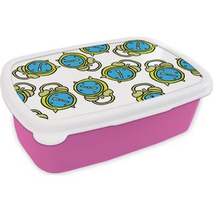 Broodtrommel Roze - Lunchbox - Brooddoos - Wekker - Patroon - Cartoon - Slapen - 18x12x6 cm - Kinderen - Meisje