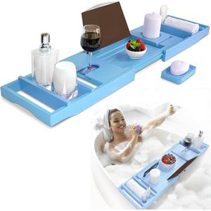 Decopatent® Badrek - Badplank voor in bad - Uitschuifbaar 75 - 110 Cm - Badrekje voor Bad - Bamboe - Verstelbaar Badrek - Blauw