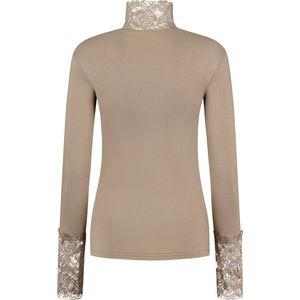 Haya's Closet - Hannah - (onder)Top met lange mouwen en bloemenkant - Taupe - Turtleneck