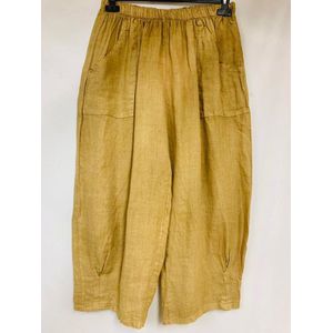 Linnen loze en brede broek met steek zakken en elastische talie - versmalde pijpen onder in - kleur CAMEL maat 40/42