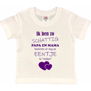 Shirt Aankondiging zwangerschap Ik ben zo schattig papa en mama besloten er nog zo eentje te ""maken"" | korte mouw | wit/paars | maat 134/140 zwangerschap aankondiging bekendmaking