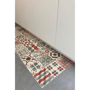 JYG Vloerkleed Hamburg - Keukenloper - Keukenmat - Vinyl - Vintage - 80x540cm - Rood - Beige